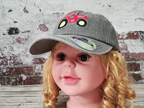 Hepandy Embroidered Farm Tractor Kids Dad Hats for Boys Girls - color: Red Farm Tractor (Washed Gray)