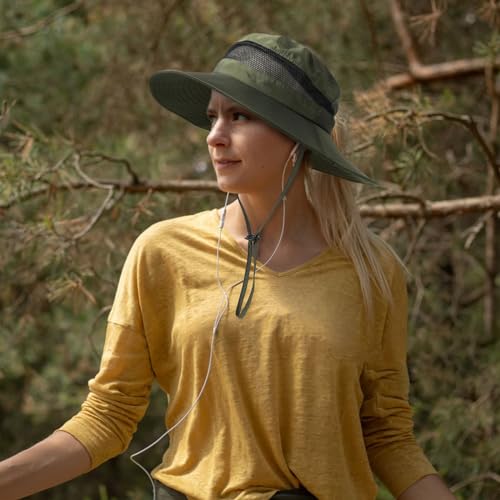 Bucket Sun Hat for Women Wide Brim Breathable Mesh UPF50+ Safari Hat Criss Cross Ponytail Hole Outdoor Rain Hat - color: Army Green