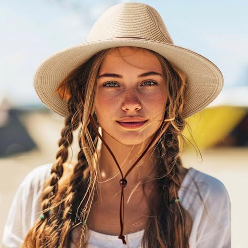 AQOKKA Summer Straw Fedora Hat for Women Men Travel Panama Hat with Wide Brim Roll Up Sun Hat for Beach Outdoor UPF 50+ - color: Panama Hat : Beige a
