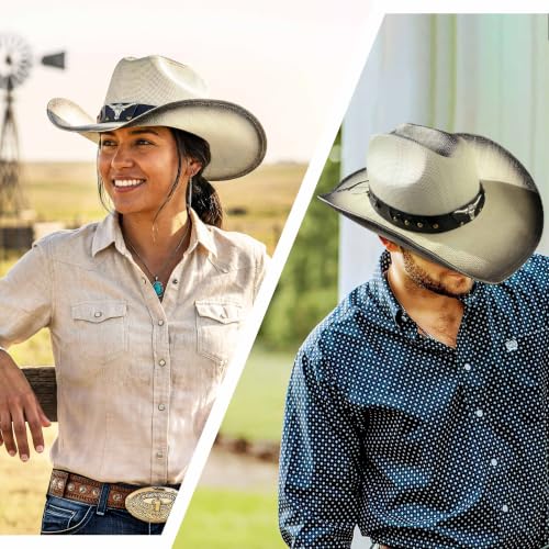FLUFFY SENSE. Cowboy Hat for Women and Men - Straw Cattleman Crease Western Hats with Upgrade 4 inches Shapeable Wide Brim - color: Vanilla White