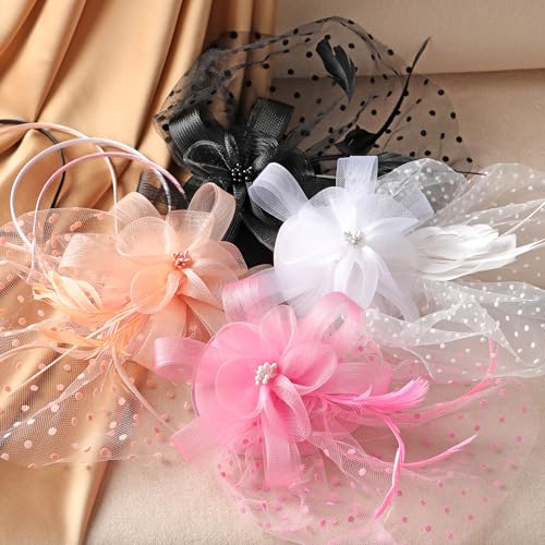 Zinniday Girls Tea Party Hat - Mini Pink Derby 2026 Feather Mesh Fascinators with Hair Clip, Kentucky 1920s 50s Victoria Headwear for Lady Women Girl Cocktail Costume Church Holiday Party Dress Up - color: Pink