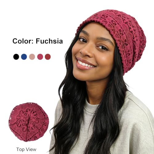 Women's Soft Lined Hollow Out Knit Slouchy Beanie - color: Fuchsia