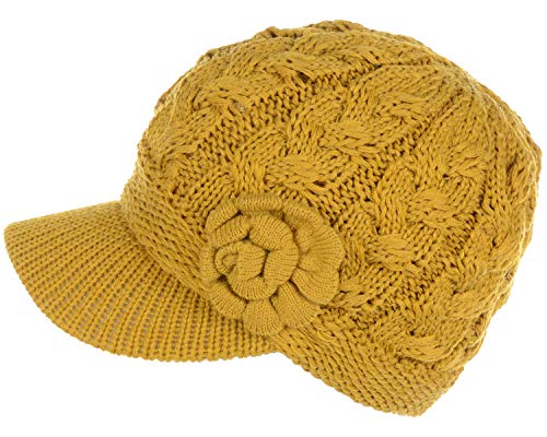 Womens Winter Elegant Cable Flower Knitted Newsboy Cabbie Cap Beret Beanie Hat with Visor, Warm Plush Fleece Lined - color: Mustard Yellow Flower-2