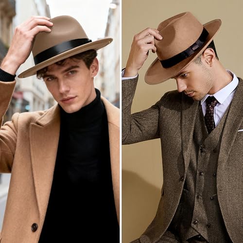 BABEYOND 1920s Fedora Hat for Men Gatsby Wide Brim Hat Felt Panama Cap - color: Camel