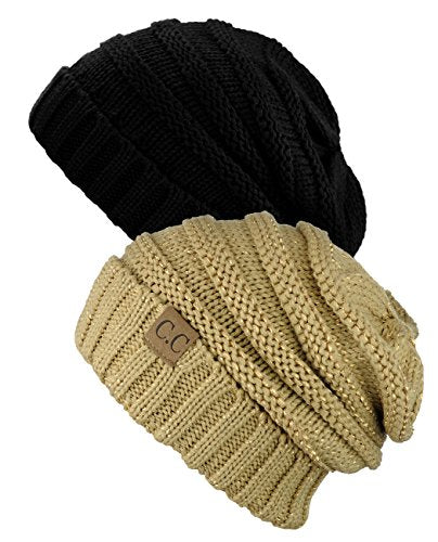 NYFASHION101 Oversized Baggy Slouchy Thick Winter Beanie Hat - color: Black & Gold