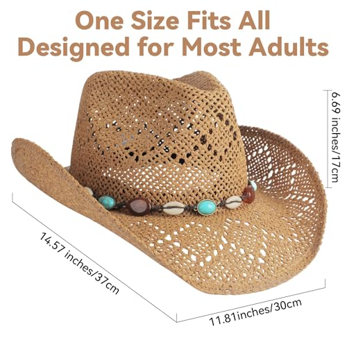 WQWOVRVO Cowboy Hat,Cowgirl Hat,Cowboy Hats for Women/Mens/Straw Wide with Shapeable Brim Western Cowboy Hat for Womens - color: Coffee Color
