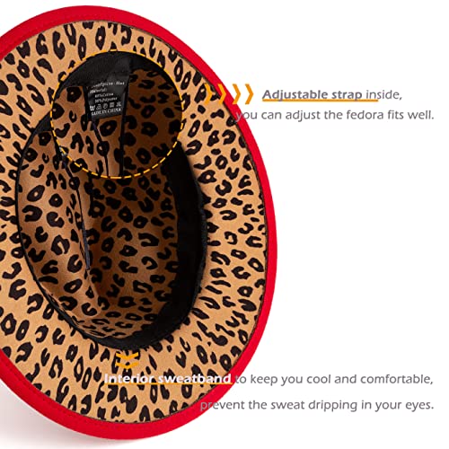 Women Two Tone Wide Brim Fedora Felt Panama Hat - color: Square Buckle-red Leopard