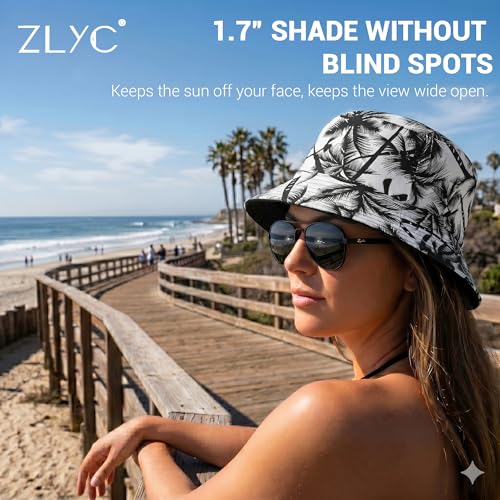 ZLYC Printed Bucket Hat for Women Men Packable Summer Sun Hat for Beach - color: Palm Tree Black