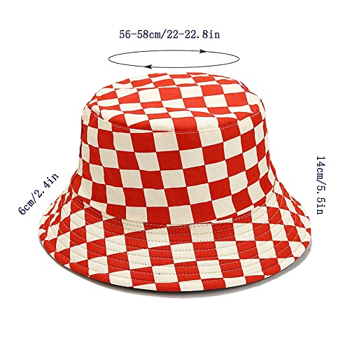 Cotton Checkered Bucket Hat Summer Fashion Fisherman Beach Sun Hats for Women and Men - color: Red