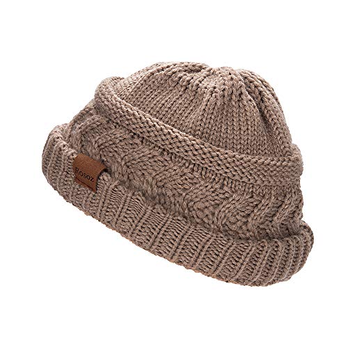 Rosoz 2 Pack Ponytail Beanie for Women,Winter Warm Beanie Tail Soft Stretch Cable Knit Messy High Bun Hat - color: 2pack-grey/Khiki
