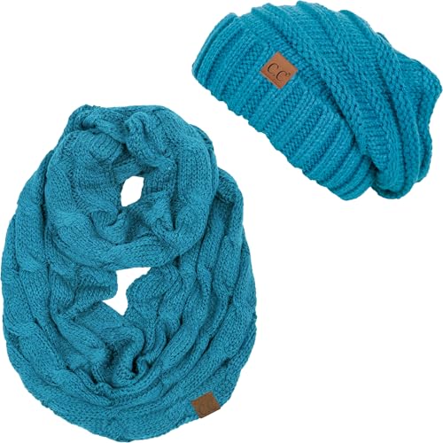 Funky Junque Slouchy Beanie & Infinity Scarf Gift Set – Matching Winter Accessories Sets for Women, Oversized Hat and Scarves - color: Teal