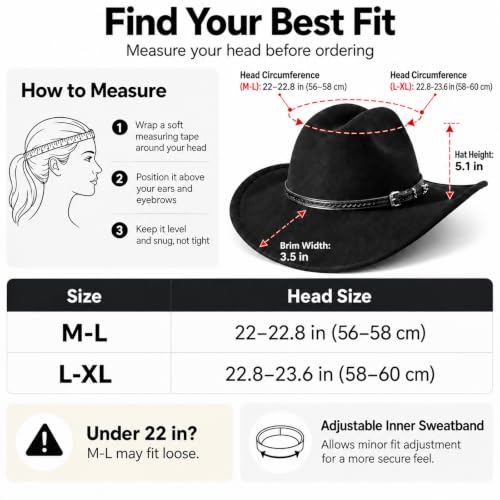 WAYCOM Western Cowboy Hat for Women: Wide Brimmed for Cowgirl - 2 Decorative Band for Men - Felt Hats for Party/Festival - color: Black, size: Medium-Large