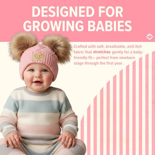 Funky Junque Double Pom Pom Baby Beanie – Newborn Girl Winter Hat 0–12 Months, Cute Cozy Knit Infant Beanies for Cold Weather - color: Diagonal Basketweave Pattern - Pink (2 Pom)