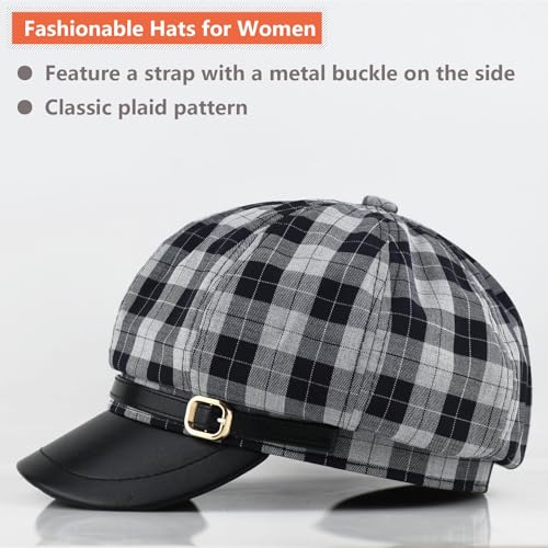Newsboy Hats for Women - Retro Classic Plaid Hat Fashionable British Irish Beret Cap Girls Vintage Dressy Caps - color: Black