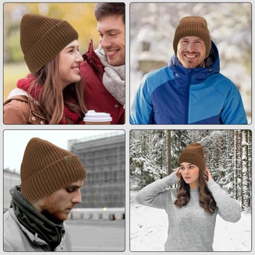 ZTL Merino Wool Beanie Hat for Men Women, Thick Warm Fleece Lined Knit Winter Hats Cuffed Beanie Stocking Hat Ski Skull Cap - color: Brown