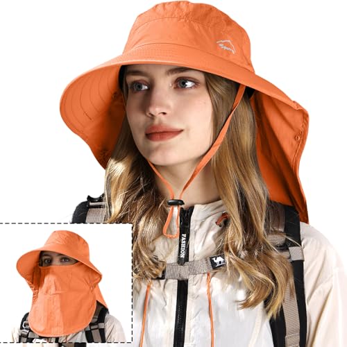 Rosoz Sun Hat for Men Women with Neck Flap& Removable Face Cover Wide Brim - color: 1pack-orange