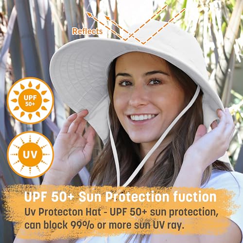 Solaris UPF 50+ Wide Brim Sun Hat for Women - Small Size Packable Lightweight, Floral Scarf Cooling Hat with Neck Flap - color: White