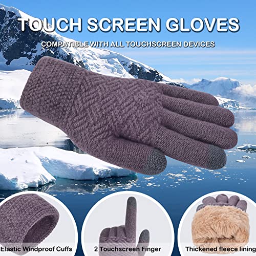 3 Pcs Women Winter Knit Beanie Hat Scarf Touchscreen Gloves Set Warm Soft Thick Fleece Lined Skull Cap with Double Pom Pom - color: Purple