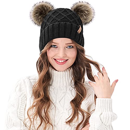 Arctic Paw Womens Winter Hat Cable Knit Beanie for Women Faux Fur Pompom Ears - color: Black _Grid