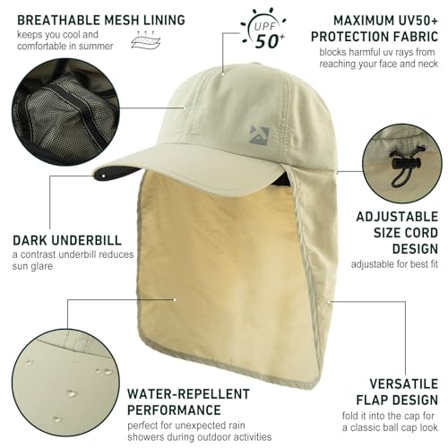 TOP-EX L/XL/XXL UV50+ Waterproof Neck Flap Baseball Sun Cap - color: Beige, size: X-Large