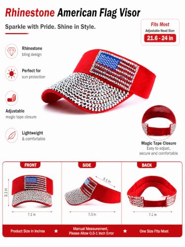 Women Shiny Rhinestone Bling Sun Visor Adjustable Tennis Beach Ponytail Hat - color: Red-usaflag