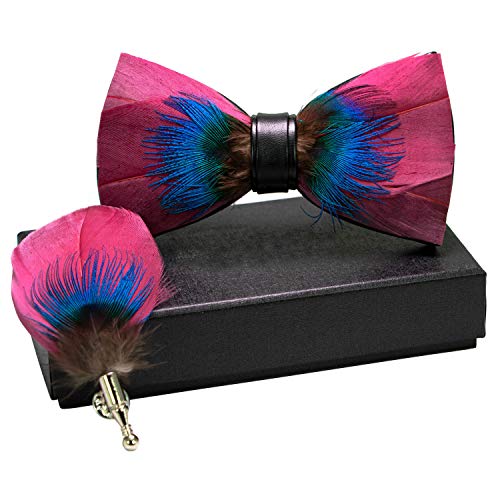 RBOCOTT Handmade Feather Pre-tied Bow tie and Brooch Sets for Men - color: Burgundy