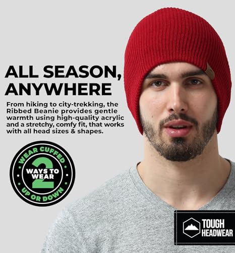 Tough Headwear Ribbed Beanie Hat - Stretch Fit Beanie for Women - Knit Winter Hats for Men - Breathable Knit Caps - color: Maroon