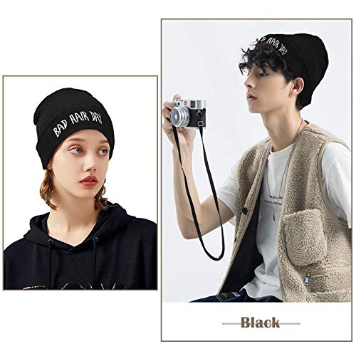 Knit Beanie Hat for Women Men Bad Hair Day Embroidered Winter Skull Cap - color: Black
