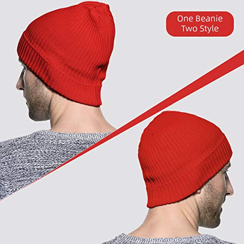 zowya Fisherman Cuff Knit Beanie Hat, Rib Watch Cap Skull Cap Winter Ski Hat for Daily, 1 Hat 2 Style - color: Red