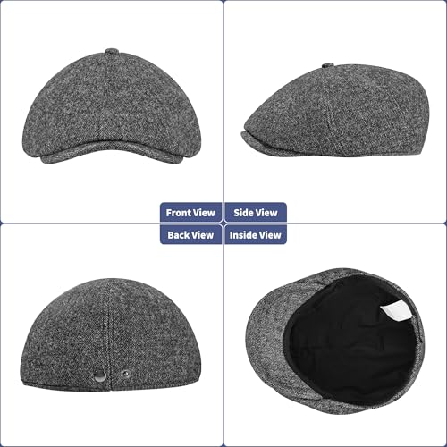 Men's Wool Blend Newsboy Cap Adjustable Gatsby Ivy Newsies Cabbie Hat Classic 8 Panel Tweed Flat Winter Hat - color: Plaid Darkgrey_2, size: Medium