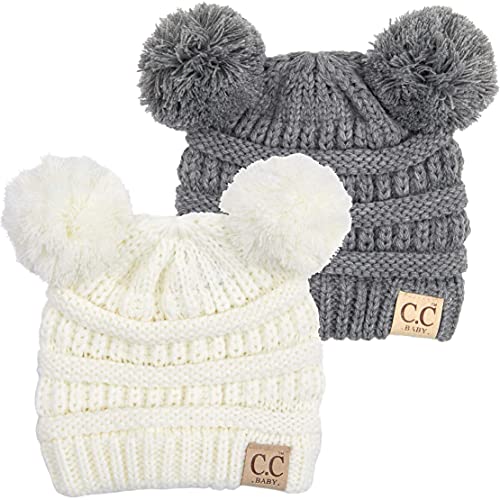 Funky Junque Double Pom Pom Baby Beanie – Newborn Girl Winter Hat 0–12 Months, Cute Cozy Knit Infant Beanies for Cold Weather - color: 2 Pack - Ivory & Heather Grey - Double Pom