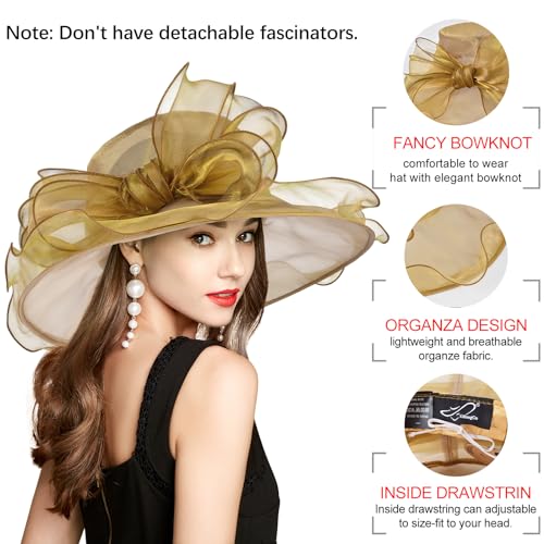 2026 Derby Hats for Women Ladies, Classy Organza Sun Hat, Church Tea Party Wedding Kentucky Fascinator Hat - color: B2967-gold