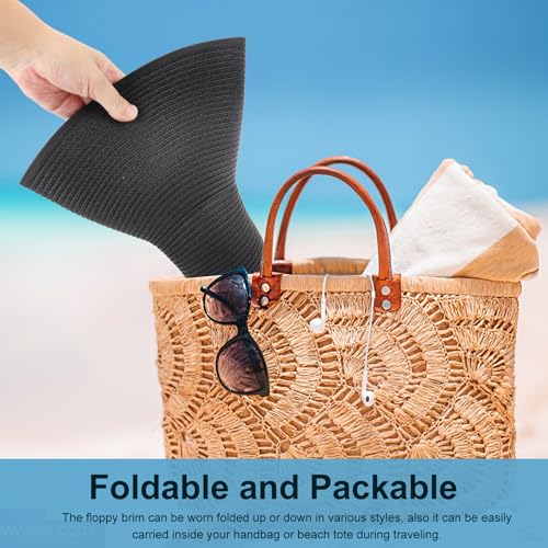 DRESHOW Big Straw Sun Hats for Women Floppy Foldable Roll up Beach Cap Sun Hat UPF 50+ Vacation Honeymoon Embroidered Hat - color: Medium Size: Black / Brim 5.5" (Head Circumference 22-22.8")
