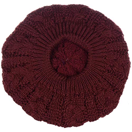 BYOS Womens Winter Cozy Cable Fleece Lined Knit Beret Beanie Hat (Set Available) - color: Burgundy Cable
