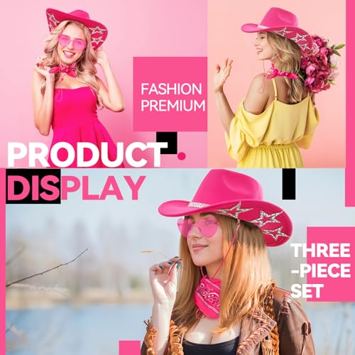 SHENYI Cowgirl Hat and Bandana and Heart Sunglasses Glitter Rhinestone Star Cowboy Hat Western Sparkly Hats for Women Men - color: Hot Pink