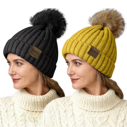 ZOORON Beanies for Womens Winter Knitted Beanies Hats with Faux Fur Pom Warm Knit Skull Cap - color: 2pack-black+yellow