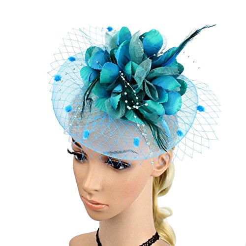 ACTLATI Fascinators Hat for Women Tea Party Headpiece Wedding Cocktail Flower Mesh Feathers Hair Clip 20s Flapper Fascinators - color: A3-lake Blue