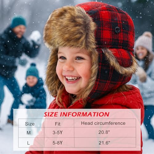 Kids Winter Trappers Hat Toddler Outdoor Windproof Ushanka Ski Cap Ear Flap Chin Strap Snow Hat for 3-8Y - color: Plaid Red, size: Medium