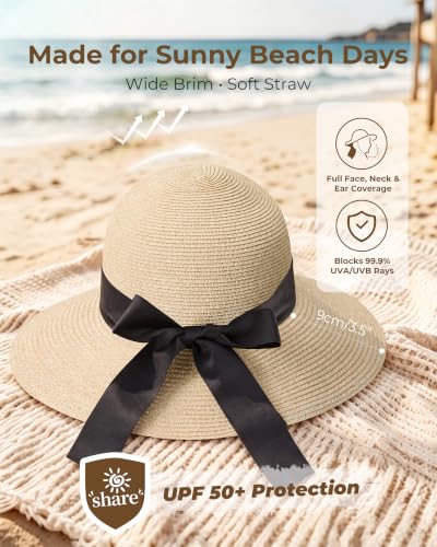 Beach Sun Hat for Women, Lightweight Packable Straw Hats, Wide Brim UV Protection Floppy Summer Hat for Travel - color: Beige, size: Medium