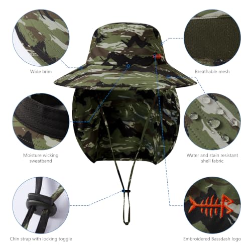 BASSDASH UPF 50+ Breathable Sun Hat with Removable Face Cover and Neck Flap Wide Brim Bucket Hat for Fishing Hiking Men Women - color: Mountain Stripes