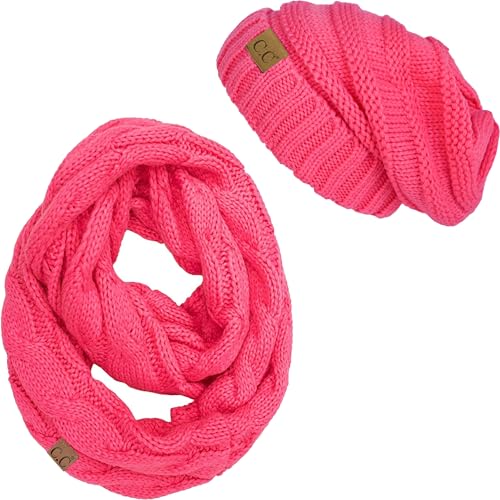 Funky Junque Slouchy Beanie & Infinity Scarf Gift Set – Matching Winter Accessories Sets for Women, Oversized Hat and Scarves - color: Candy Pink