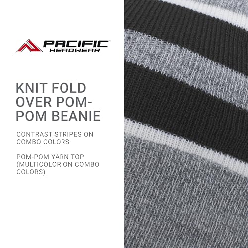 Pacific Headwear Unisex Adult Pacific Headwear Knit Fold Over Pom-pom Beanie - color: Heather/Black/White, size: One Size