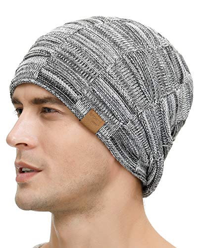 Vgogfly Slouchy Beanie for Men Winter Hats for Guys Cool Beanies Mens Lined Knit Warm Thick Skully Stocking Binie Hat Pairs - color: Light Grey / Army
