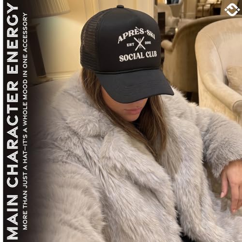 Funky Junque Premium Mesh Snapback Trucker Hat - Stylish Comfort for All - Patriotic, Humor & More - color: Apres Ski Social Club - Black