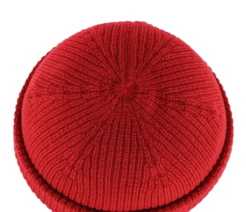Connectyle Short Fisherman Beanie for Men Women Warm Winter Hats Knit Cuffed Beanies Skull Cap Acrylic Watch Hat - color: Dark Red