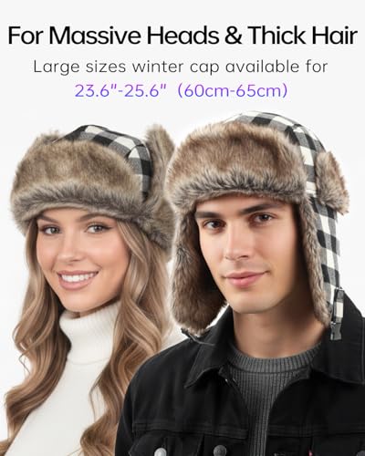 Zylioo XXL Trapper Hat for Big Heads, Faux Fur Ear Flap Winter Cap - color: Black Plaid