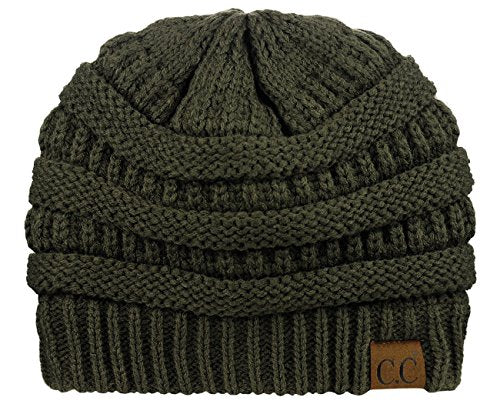 C.C Unisex Chunky Soft Stretch Cable Knit Warm Fuzzy Lined Skully Beanie - color: Dark Olive