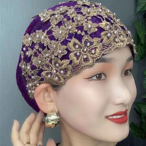 haozaikeji Women Flower Turban Hat Rhinestones Muslim Islamic Head Wrap African Pearl Turban Soft Stretchy Head Cover - color: Purple