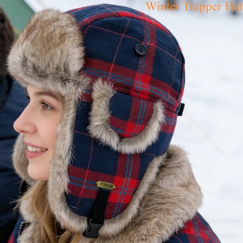 Winter Trapper Hat with Ear Flaps Plaid Russian Ushanka Aviator Hat Faux Fur Hunting Hats for Men Women - color: Red Blue Plaid