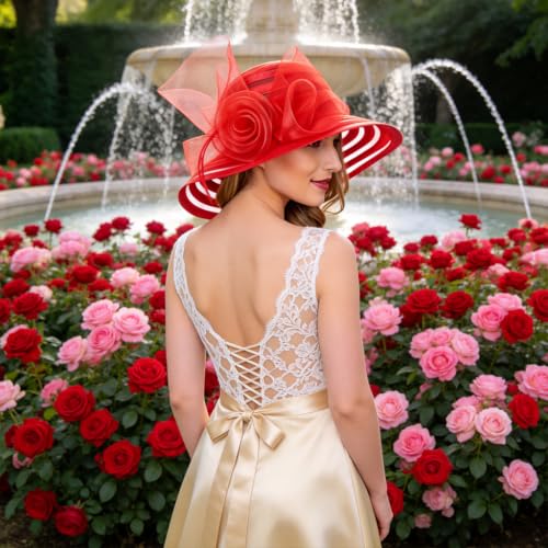 Ruphedy Women Derby Church Dress Bucket Hat Fascinators Tea Party Wedding Hat - color: S017-red